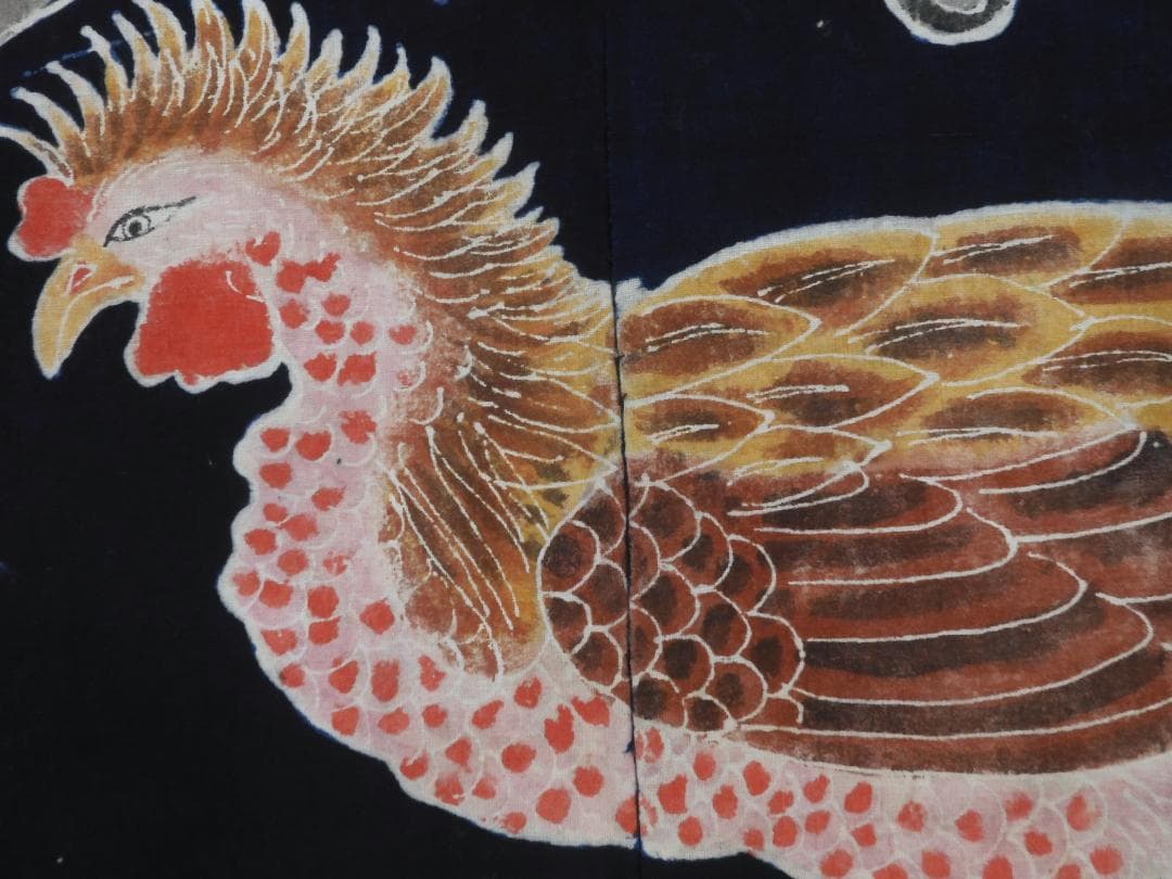 木綿・明治期・筒描4巾・鳳凰の番・アンティーク筒描き