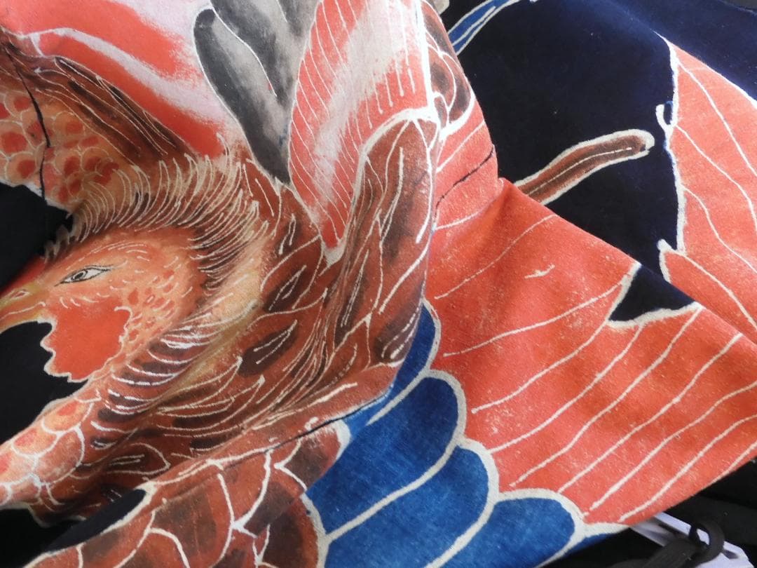 木綿・明治期・筒描4巾・鳳凰の番・アンティーク筒描き
