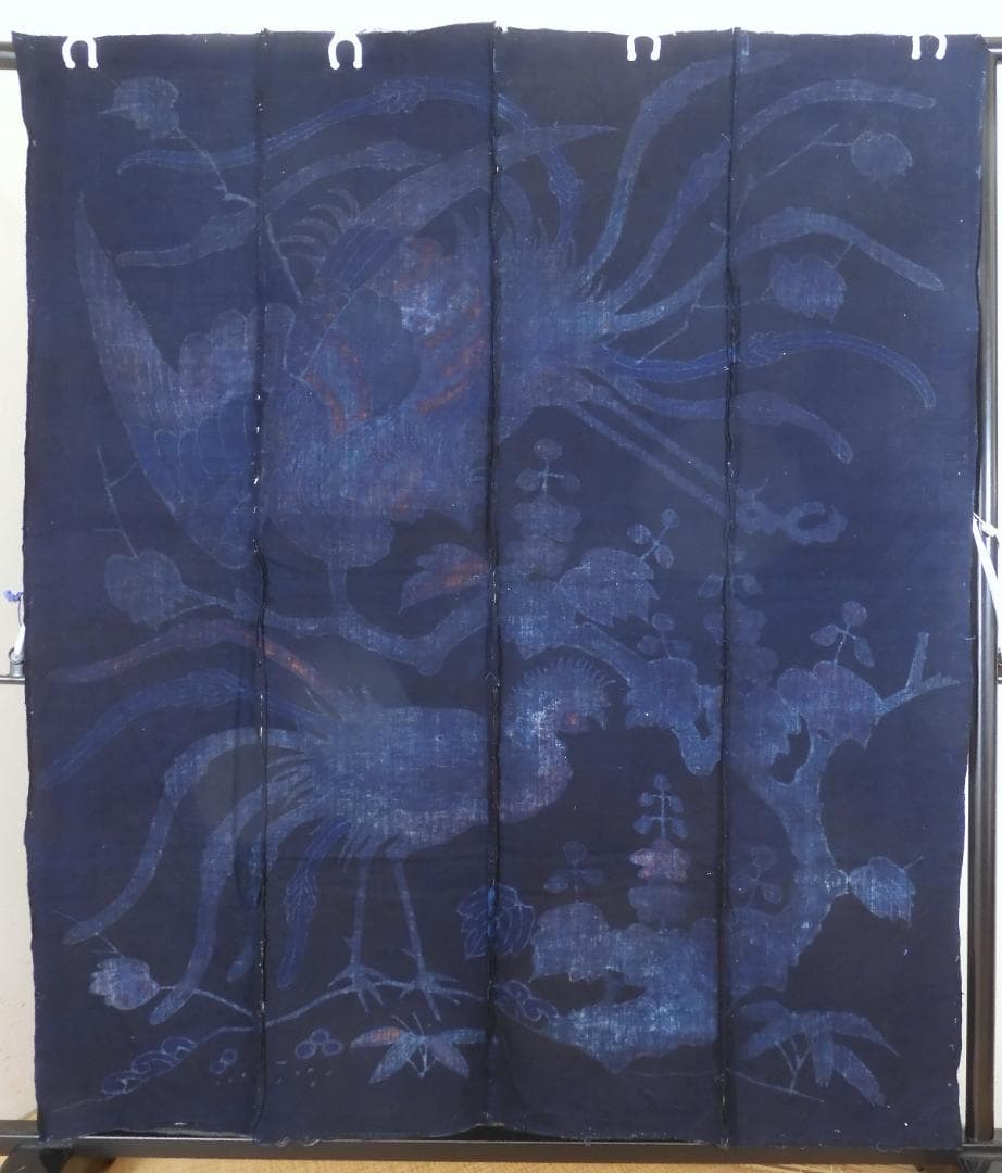 木綿・明治期・筒描4巾・鳳凰の番・アンティーク筒描き