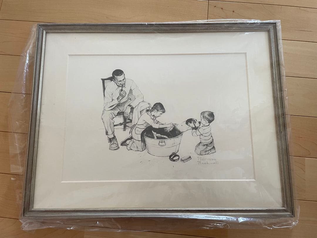 ノーマンロックウェル　ドローイング　額装　犬のお風呂