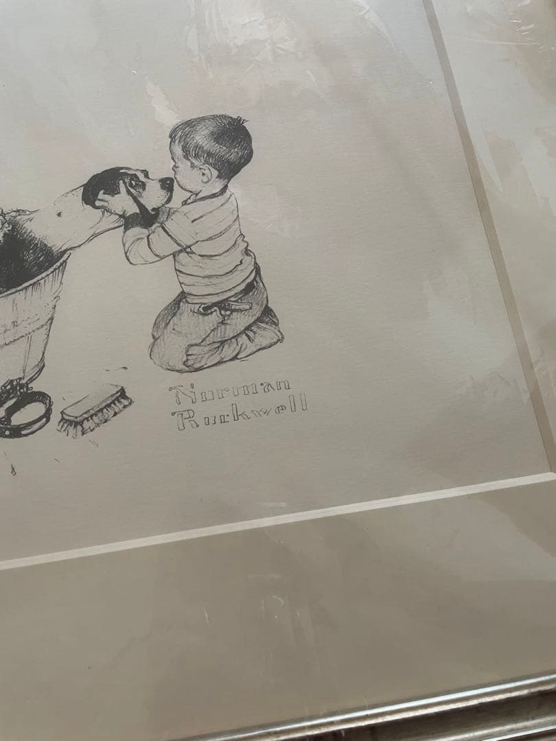 ノーマンロックウェル　ドローイング　額装　犬のお風呂