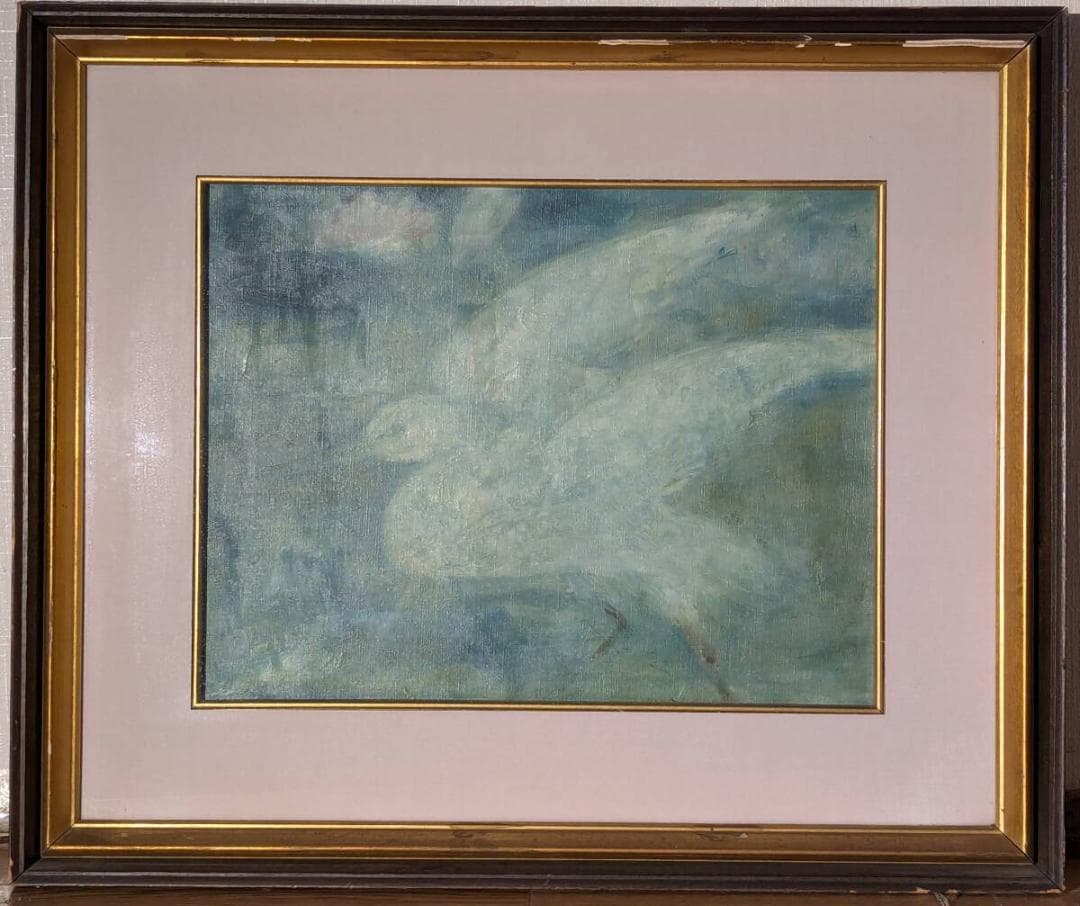 【真作】絵画　浦久保義信　油彩　青の調べに舞う白き鳥　幻想空間の飛翔　Y179