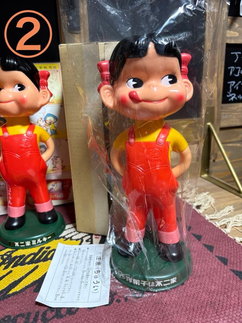 ★非売品★不二家★ペコちゃん★人形★5体★首ふり★赤ヘッダー★企業広告1枚★