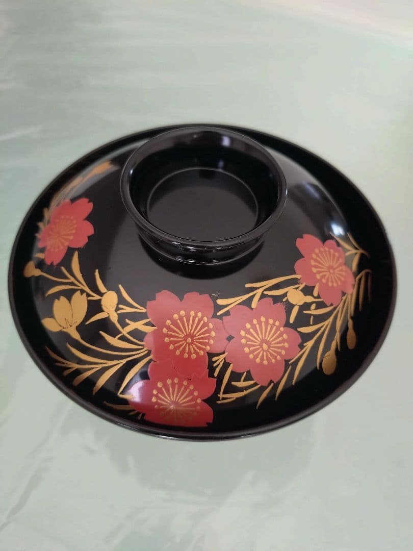 花柄金箔装飾 蓋付き椀 木曽 漆器 漆塗
