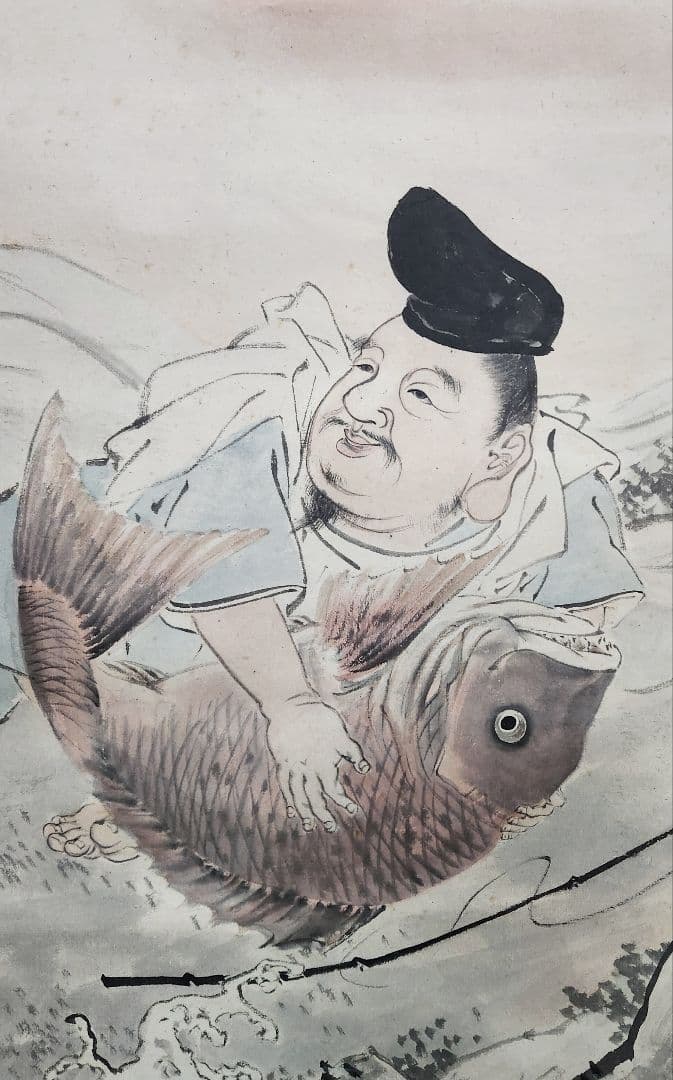 【恵比寿鯛釣図】森寛斎 739 日の出エビスタイ釣り 奥谷秋石箱 掛け軸 肉筆