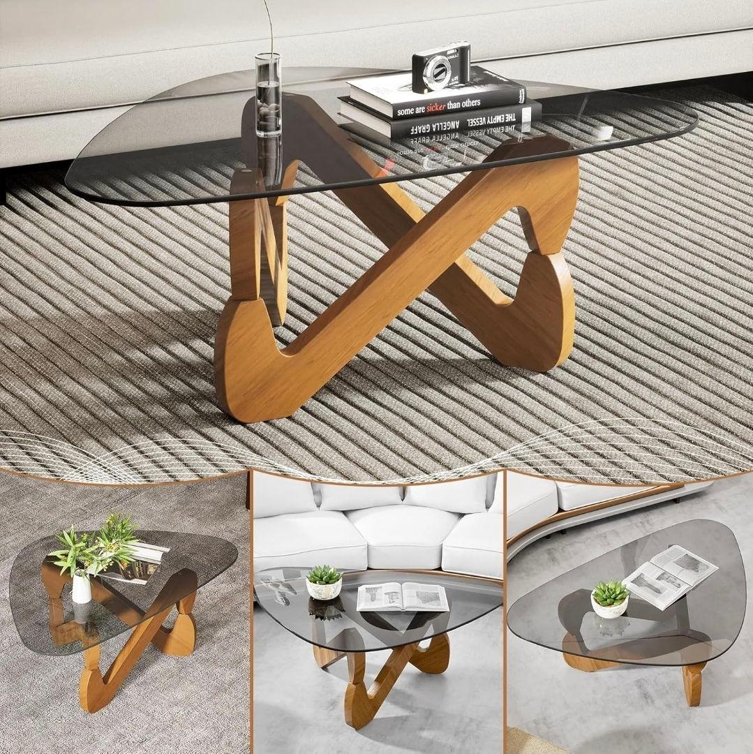 三角形ガラス天板のローテーブル