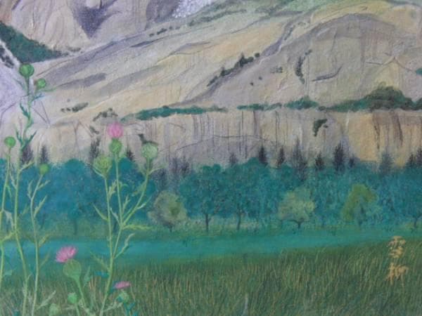 特別価格、雪柳、米国にて・ヨセミテ公園、日本画８号、新品高級額装付