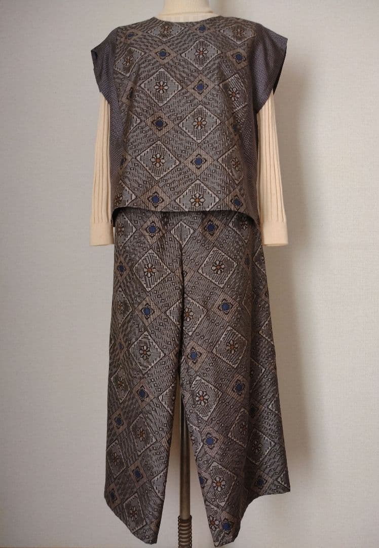大島紬リメイクワイドパンツ ベスト セットアップ 龍郷