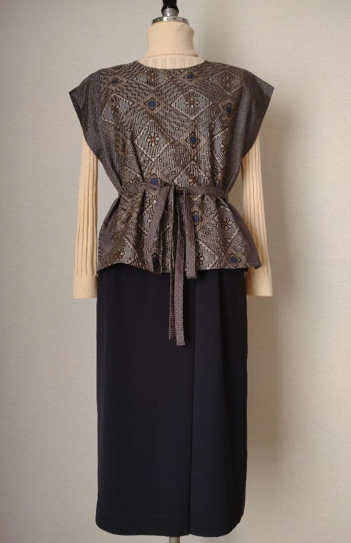 大島紬リメイクワイドパンツ ベスト セットアップ 龍郷