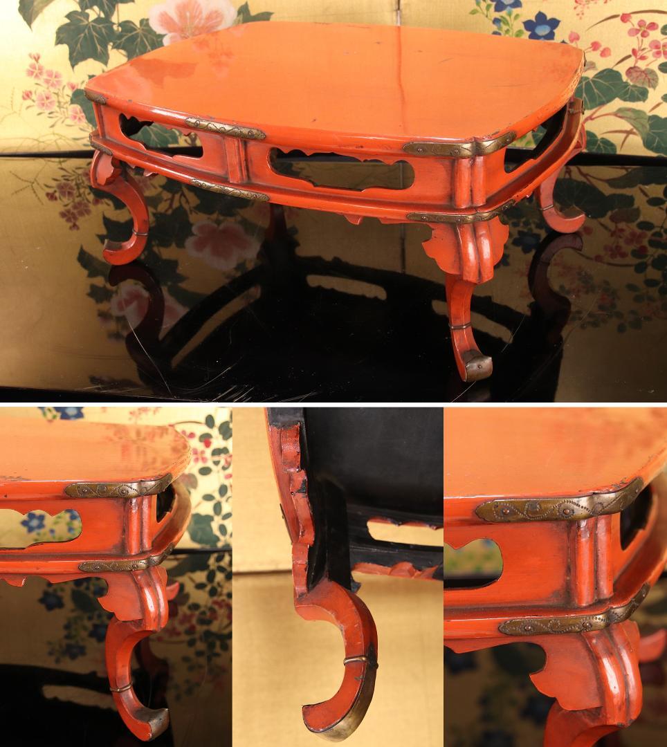 仏教美術 時代物　朱塗　真鍮金具飾付　春日卓　巾34.2㎝　BE787