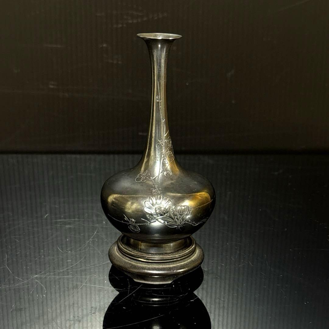 明治期 純銀 在銘 細密彫金 花図 花瓶 花生