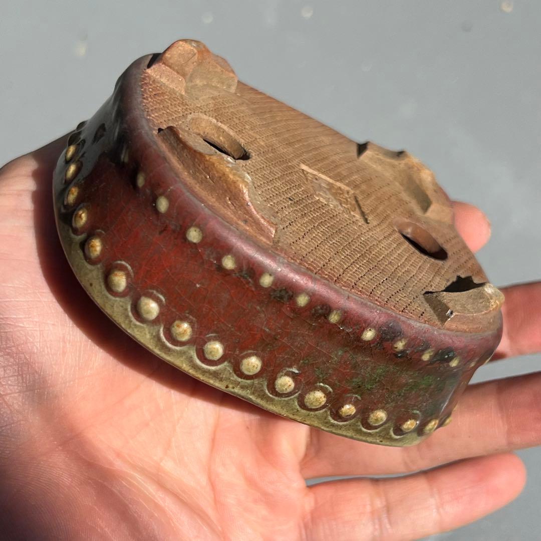 730.平安虹泉 辰砂釉鼓釘抚角長方 盆栽鉢 植木鉢 9.4*8.1*3.6cm