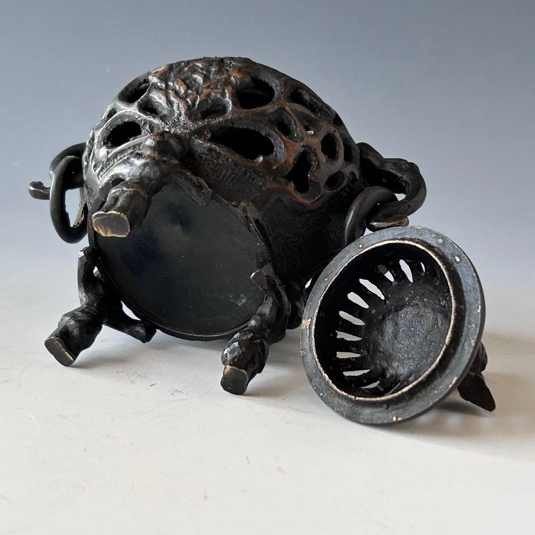 時代　唐銅　透かし　香炉　獅子摘み　遊環　骨董　アンティーク　古玩　工芸