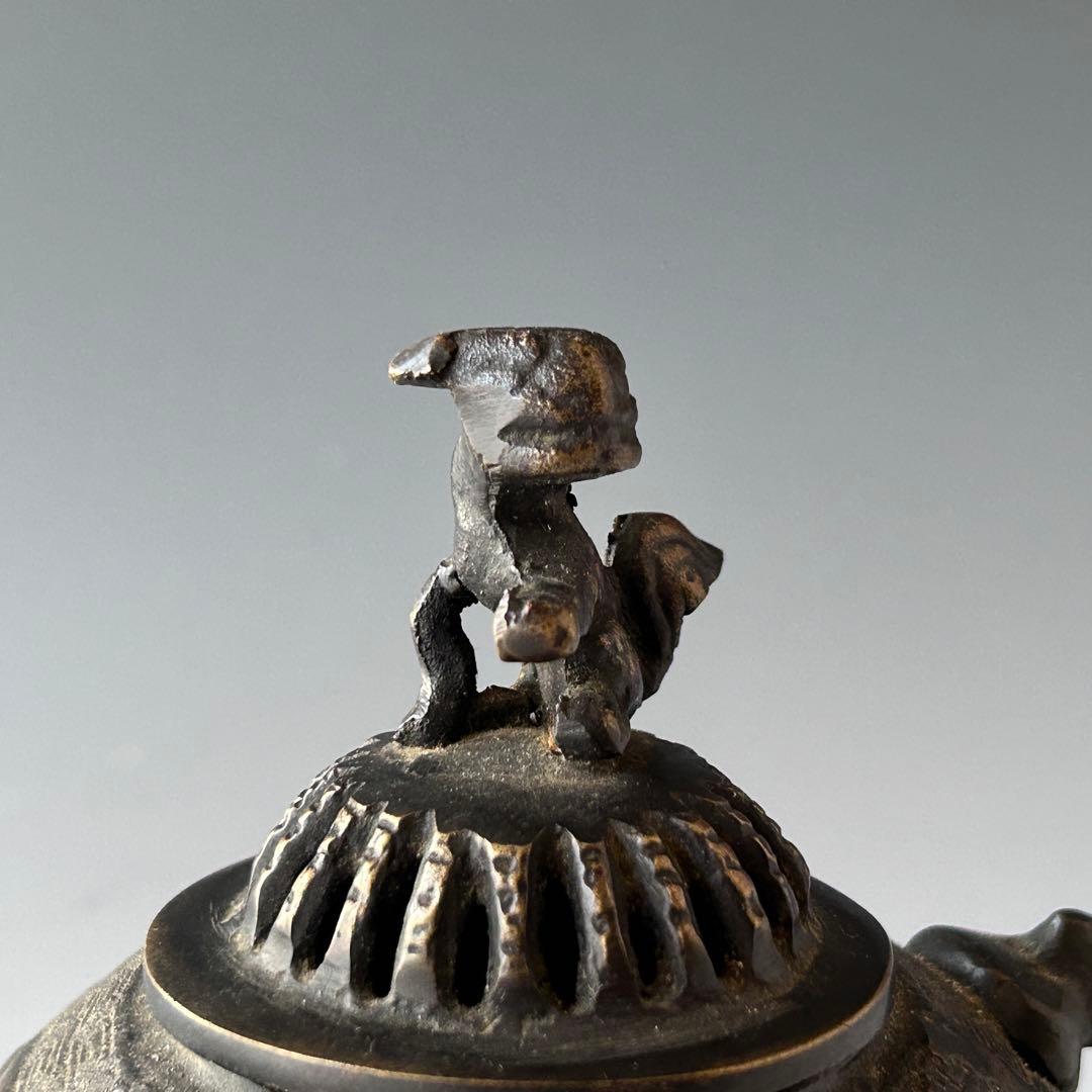 時代　唐銅　透かし　香炉　獅子摘み　遊環　骨董　アンティーク　古玩　工芸