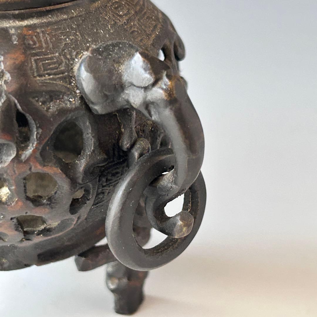 時代　唐銅　透かし　香炉　獅子摘み　遊環　骨董　アンティーク　古玩　工芸