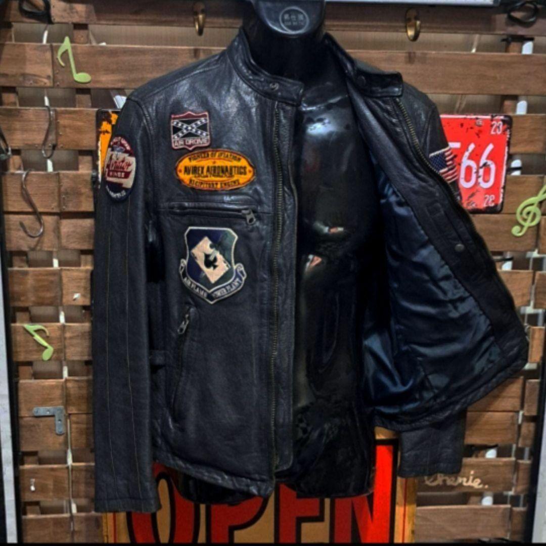 定7万　AVIREX マルチワッペン　ゴートレザー　シングルライダースジャケット