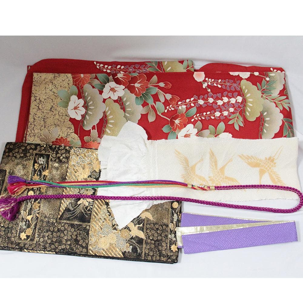 赤■シルク 定番人気■振袖5点セット 帯/帯あげ/帯じめ/伊達衿 No/RF1