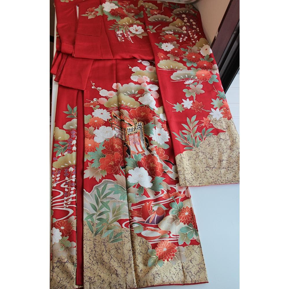 赤■シルク 定番人気■振袖5点セット 帯/帯あげ/帯じめ/伊達衿 No/RF1