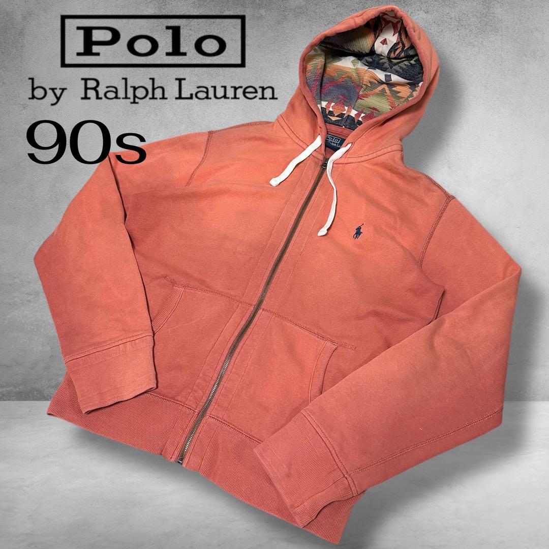 90s ポロ ラルフローレン ネイティブ柄 ジップパーカー サーモンピンク