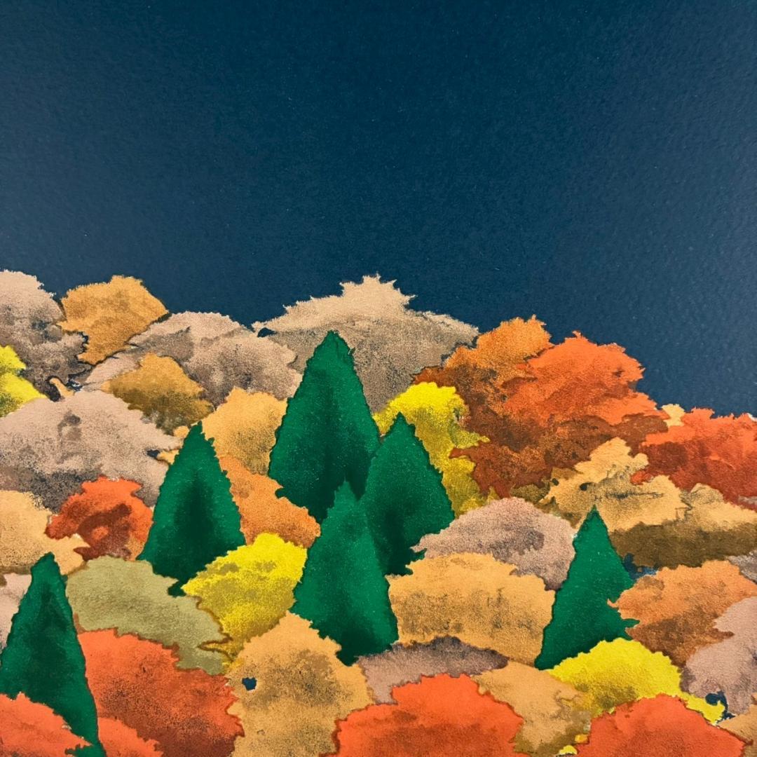 内田正泰「炭焼小屋の秋」リトグラフ 直筆サイン入り 額縁入り 風景画 紅葉