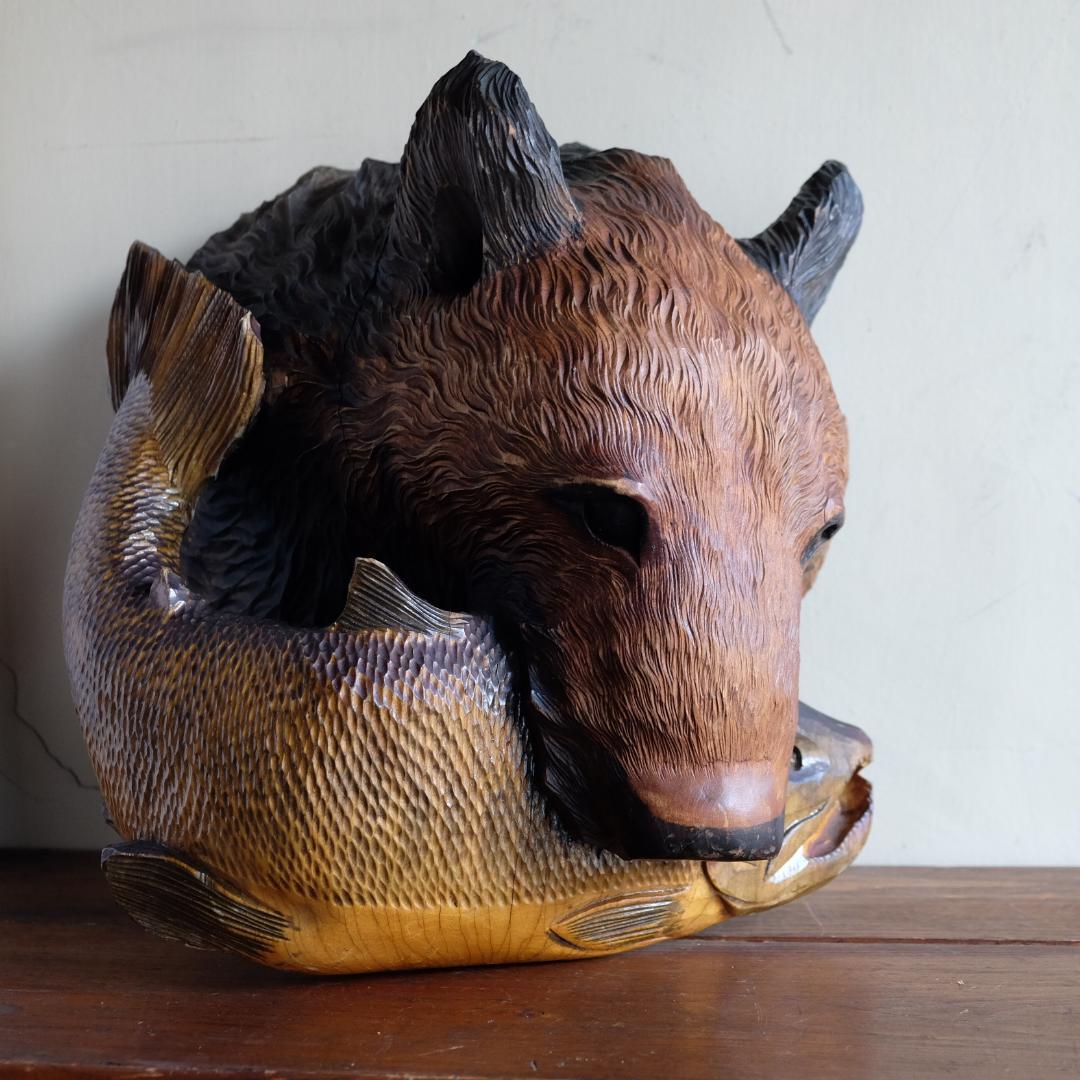 熊マスク／壁掛け／木彫りの熊／鮭