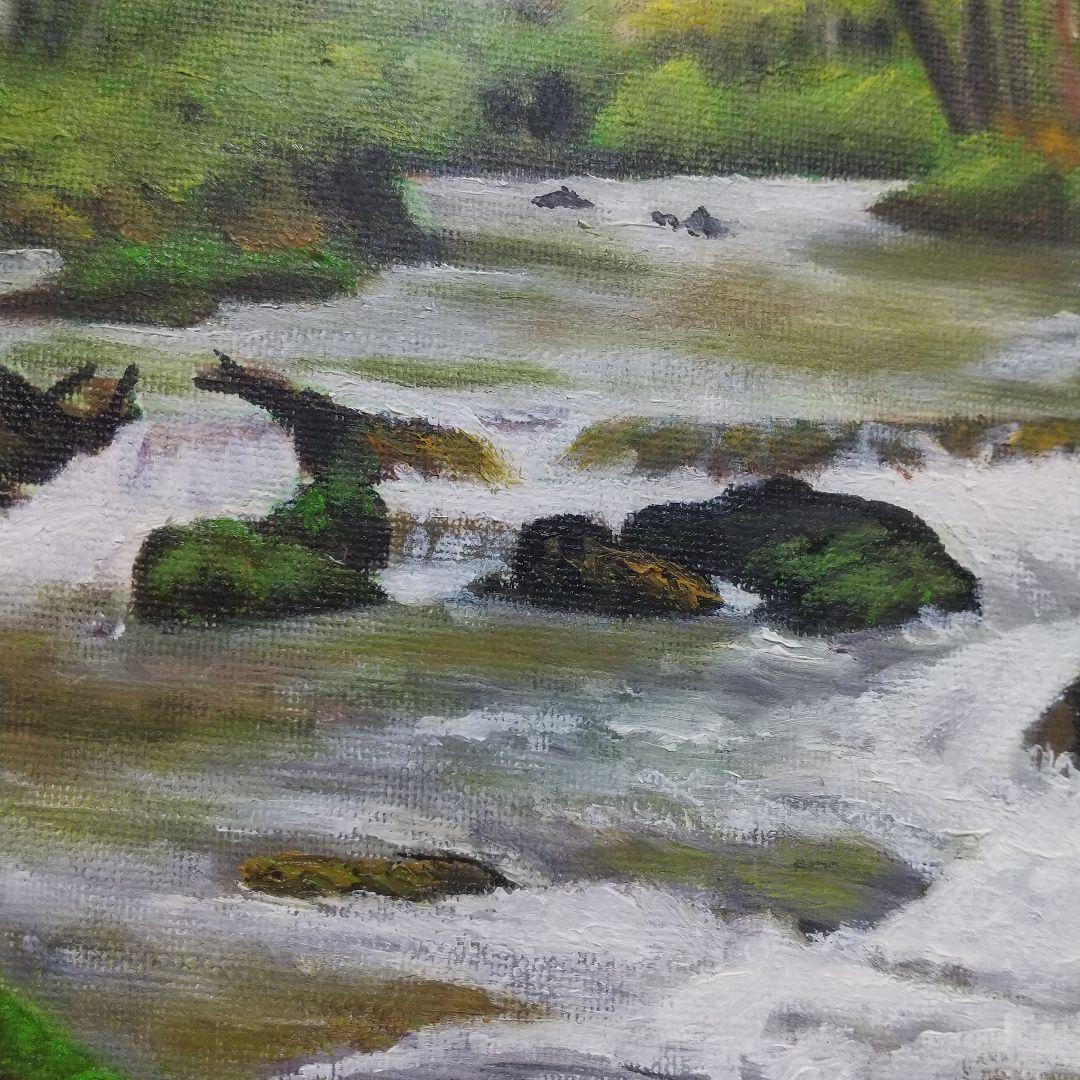 油彩画 川の風景 金色フレーム付き