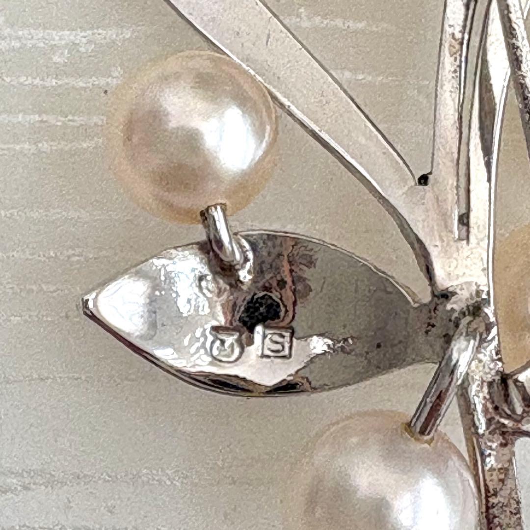 美品✨MIKIMOTO ブローチ あこや真珠 7珠 リーフM刻印 シルバー