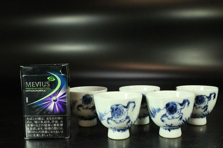 煎茶 染付 蛙 題詞 碗 五件 雅(K-LC760)