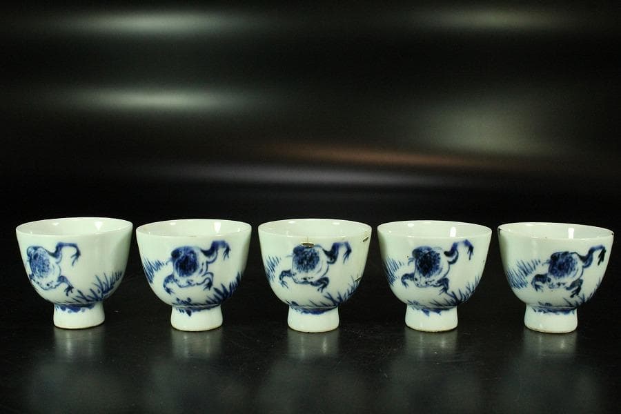 煎茶 染付 蛙 題詞 碗 五件 雅(K-LC760)