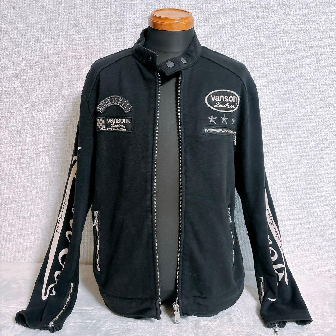 VANSON シングルライダースジャケット　ジップアップ　綿100 黒メンズL