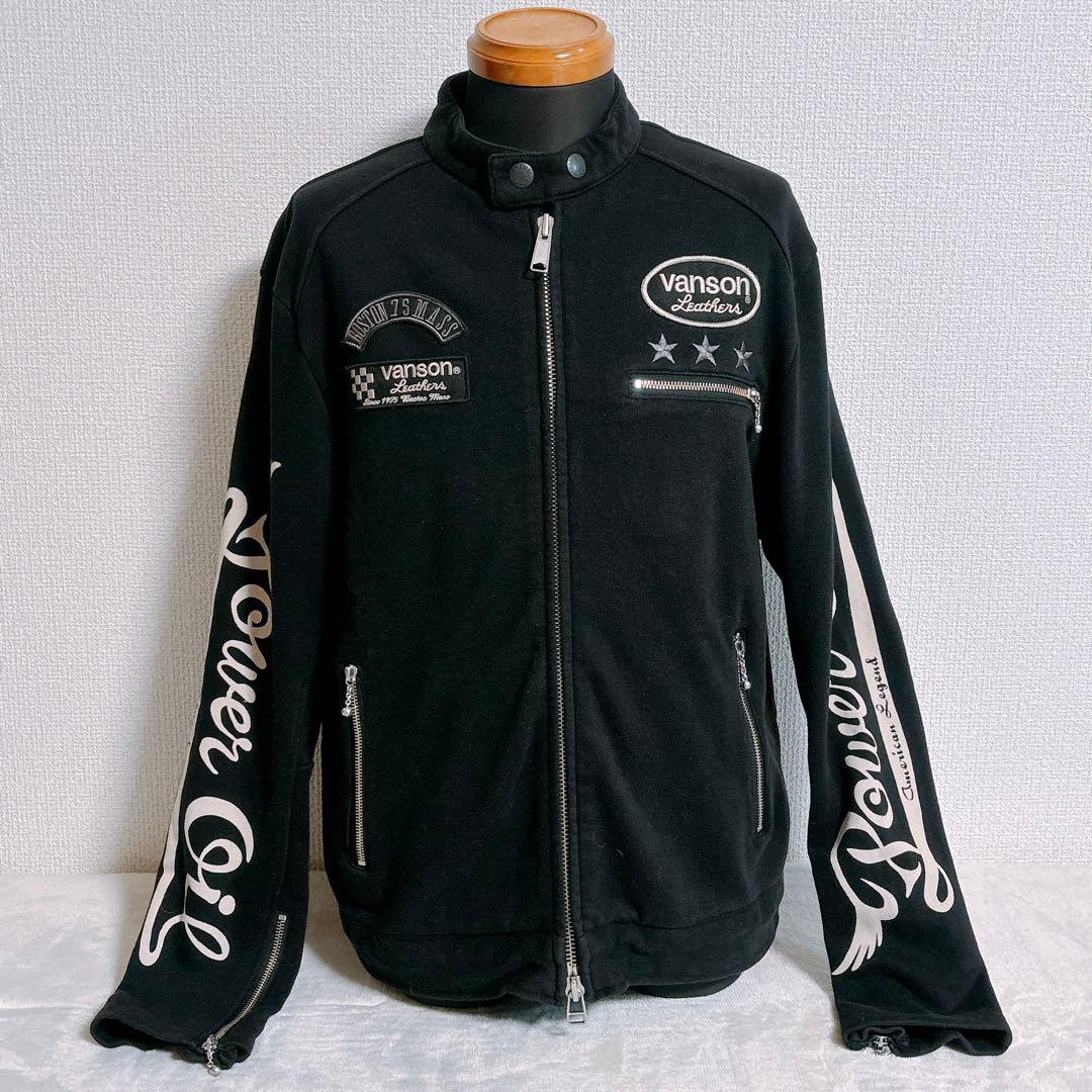VANSON シングルライダースジャケット　ジップアップ　綿100 黒メンズL
