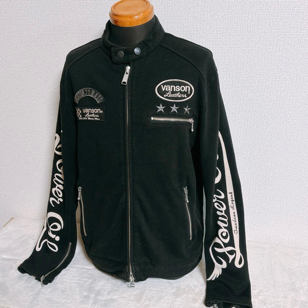 VANSON シングルライダースジャケット　ジップアップ　綿100 黒メンズL
