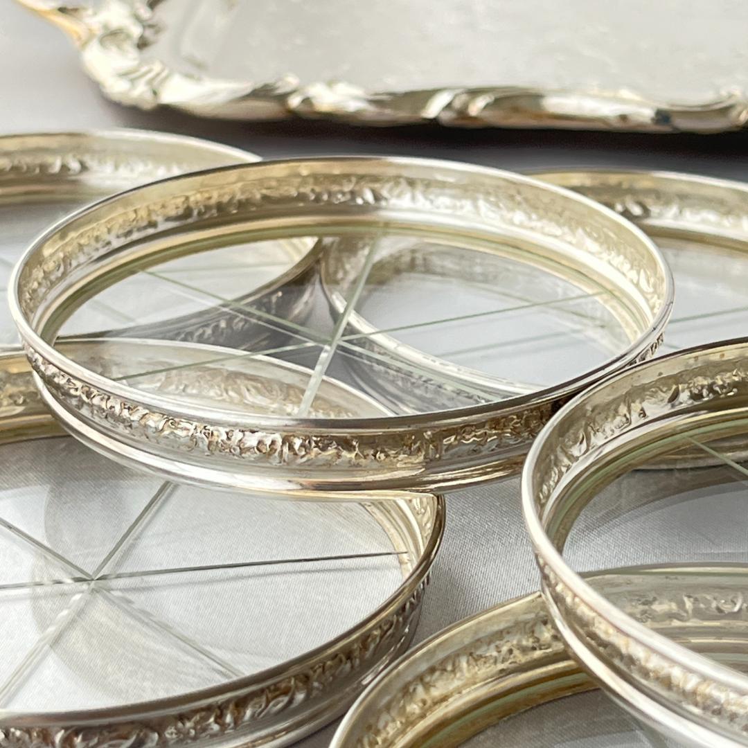 【純銀 / ガラス】フローラルレリーフのワイングラスコースター 8枚