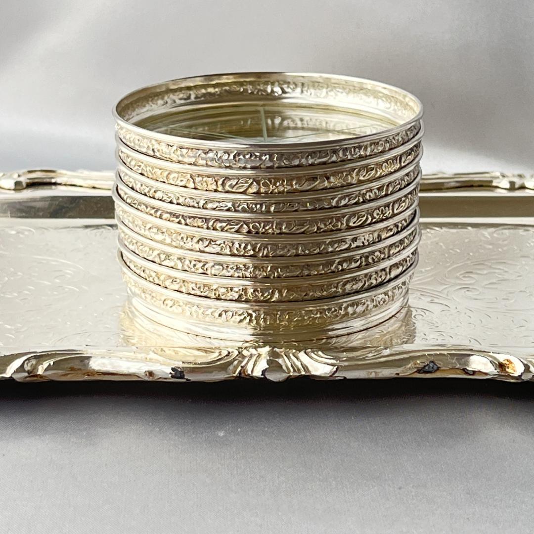 【純銀 / ガラス】フローラルレリーフのワイングラスコースター 8枚