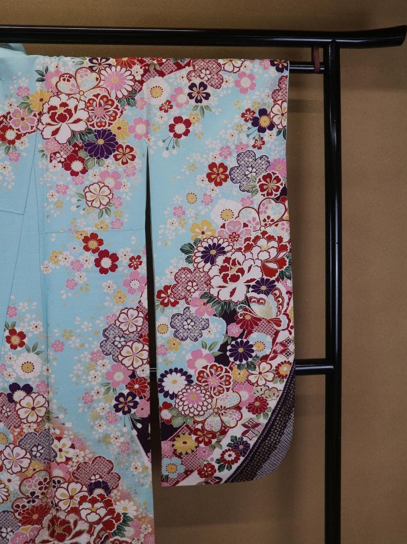 ブルー振袖（正絹）・六通袋帯（正絹）・長襦袢（合繊）三点セット 【美品】Sサイズ