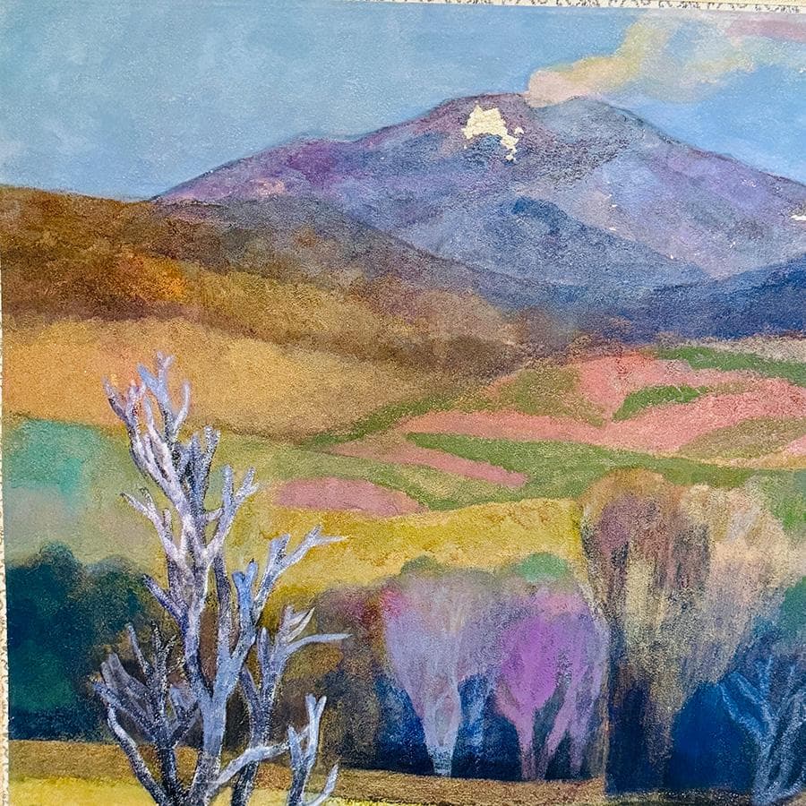 真作 荻野次郎画 自題 早春 掛軸 岩絵具 二重箱 共箱 木製筒 高級表装