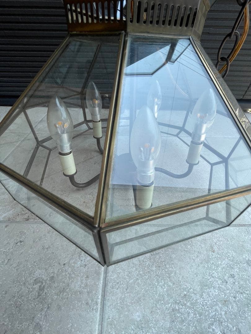 真鍮製　ガラス製　ペンダントライト　8角形　アンティーク　昭和