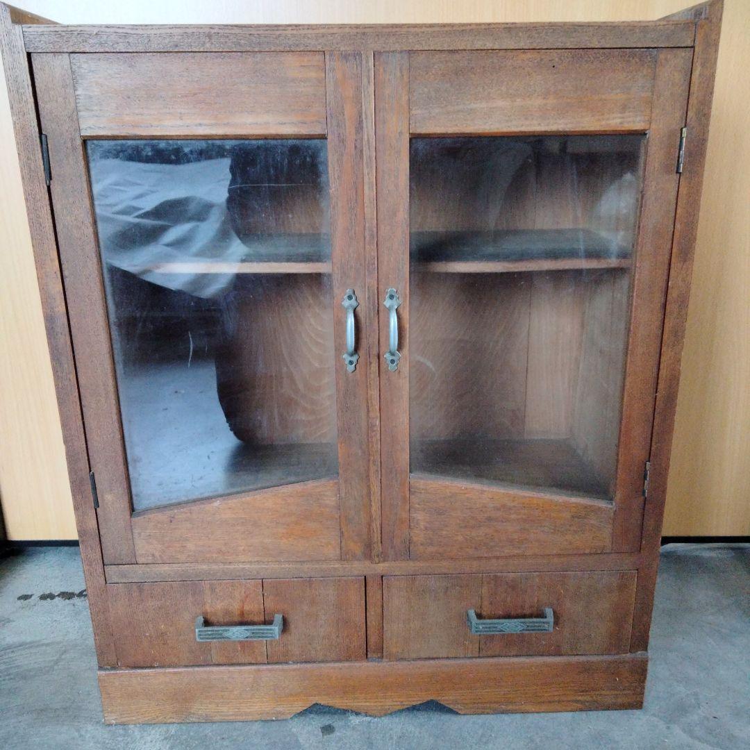 昭和レトロ 古家具 ガラス戸 木製キャビネット 食器棚 サイドボードカップボード