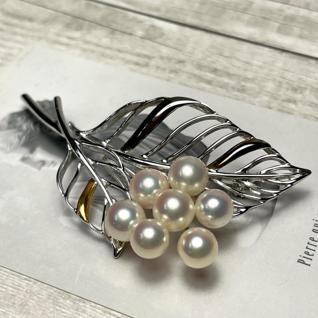 K18 シルバー パール ブローチ ピンバッチ 葉っぱ leaf