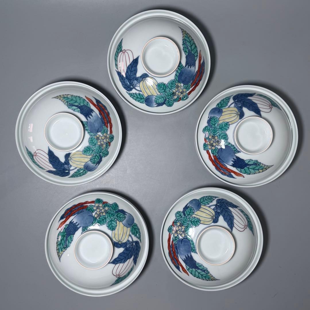 人間国宝　十三代　今泉今右衛門　錦　野菜絵蓋物　五客　共箱　有田焼　鍋島様式