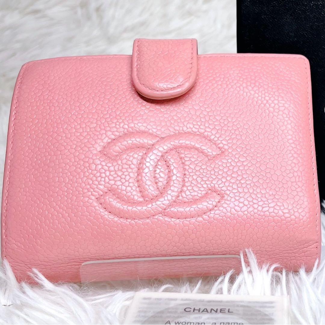 CHANEL 二つ折り財布 ココマーク キャビアスキン レザー がま口 箱付き