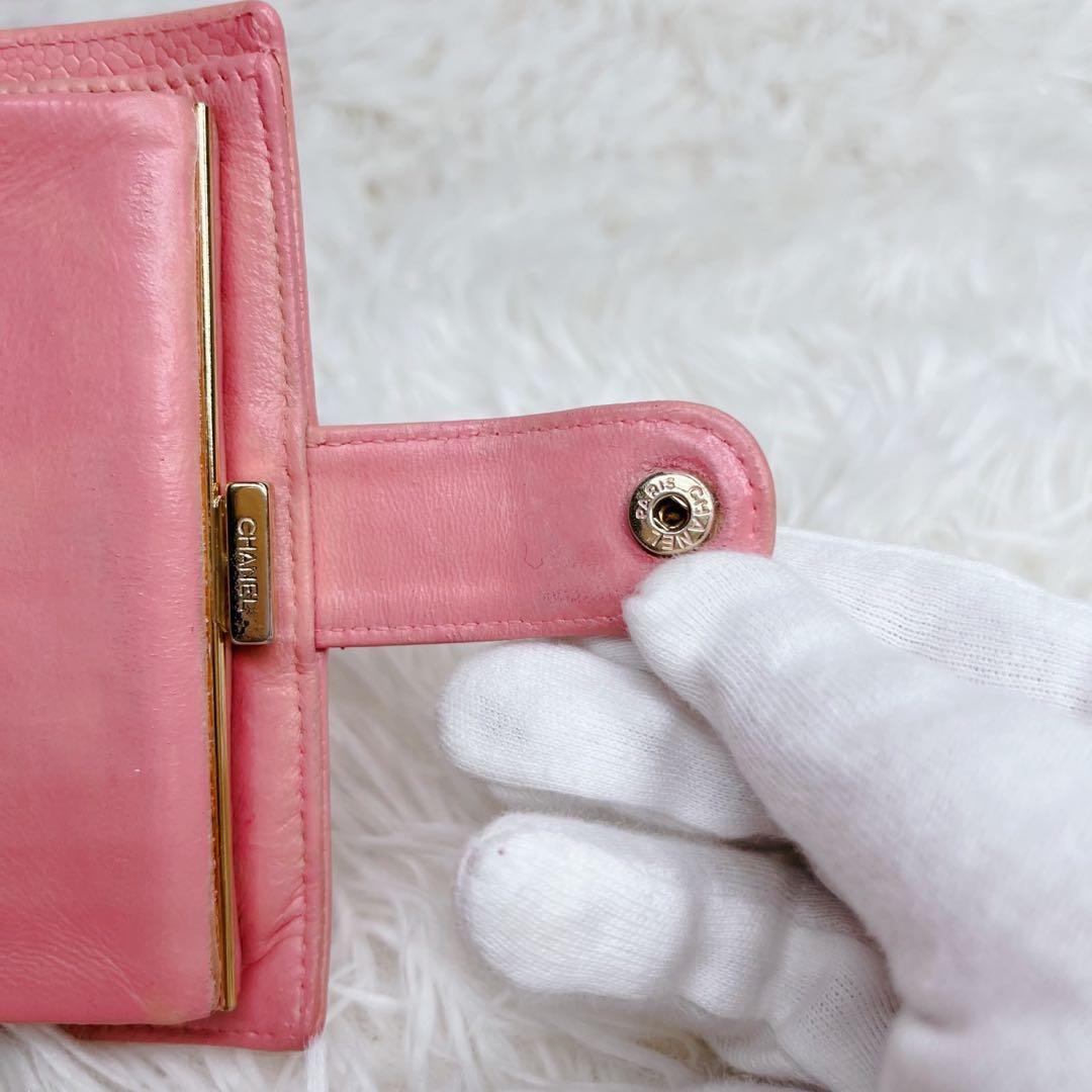 CHANEL 二つ折り財布 ココマーク キャビアスキン レザー がま口 箱付き
