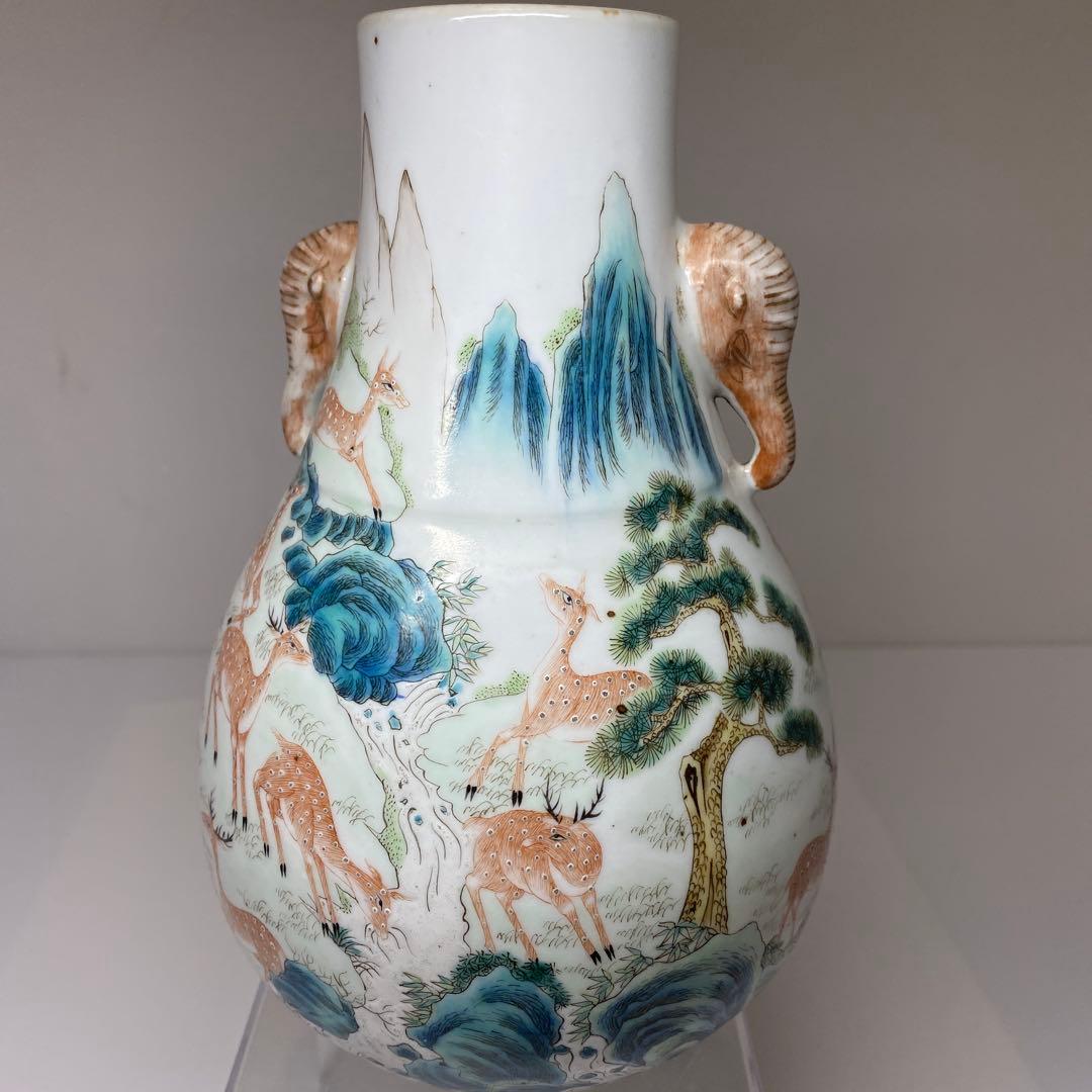 専用　中国清時代大清乾隆年製粉彩鹿の図花瓶　高さ21.3㎝東Y7-0314☆2F