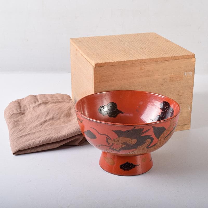 古民具　根来塗　雲龍文彫　椀　時代箱付　V　R8441