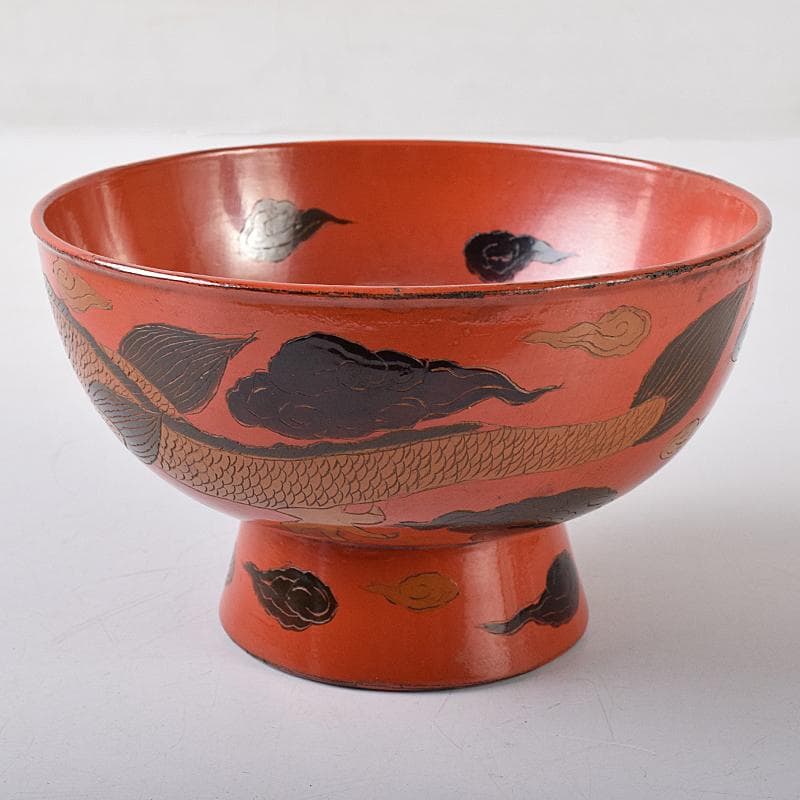 古民具　根来塗　雲龍文彫　椀　時代箱付　V　R8441