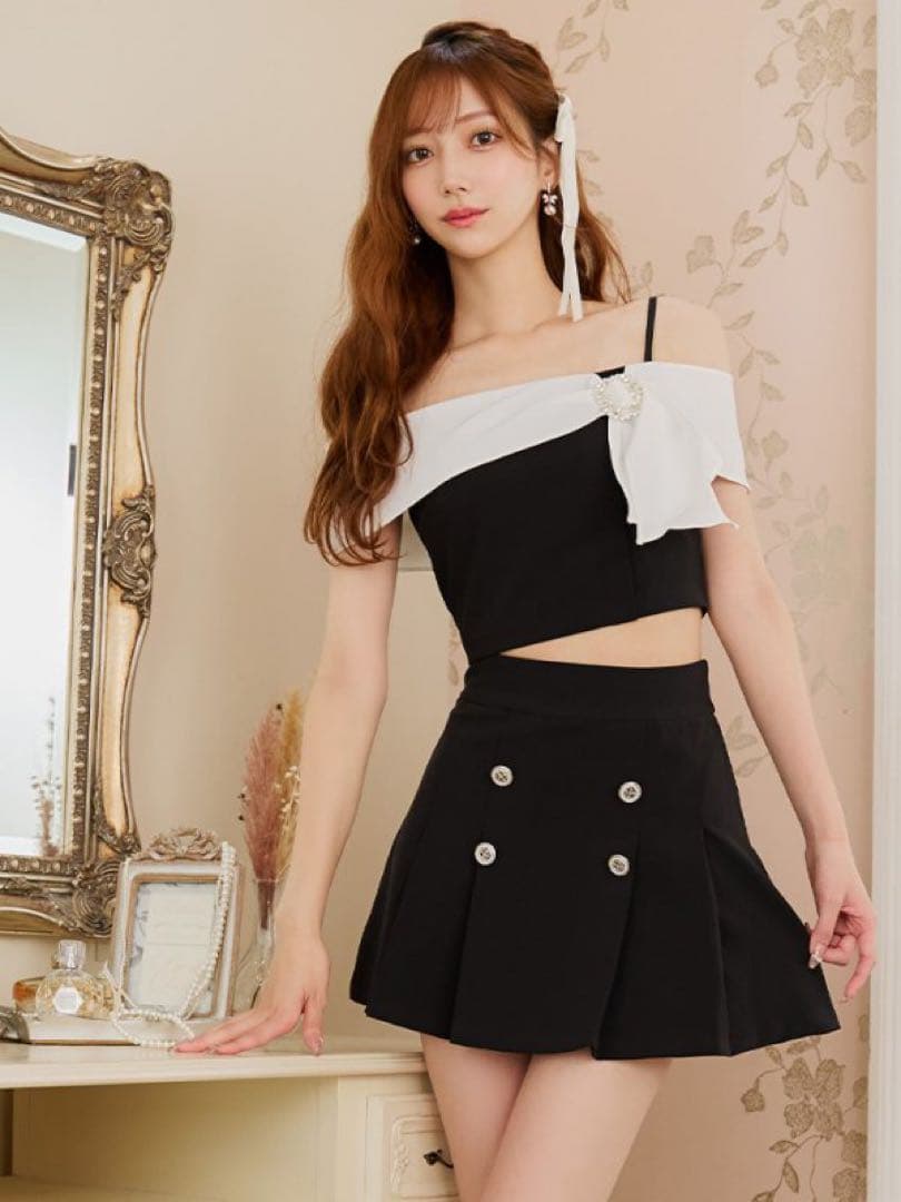 新品　an アン　ドレス　リボン　オフショル　フレア　セットアップ　ブラック　黒