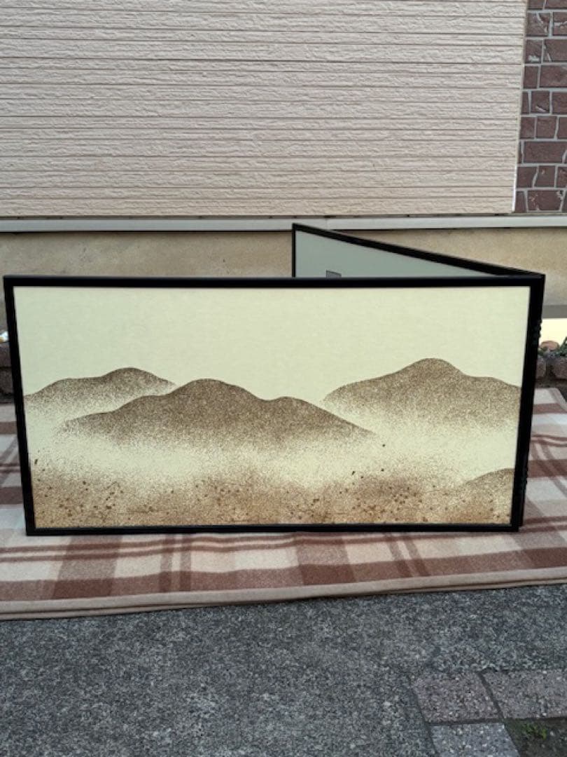 茶道具 黒縁 遠山 風炉先屏風 百人一首版画 両面開き 間仕切り 結界 衝立