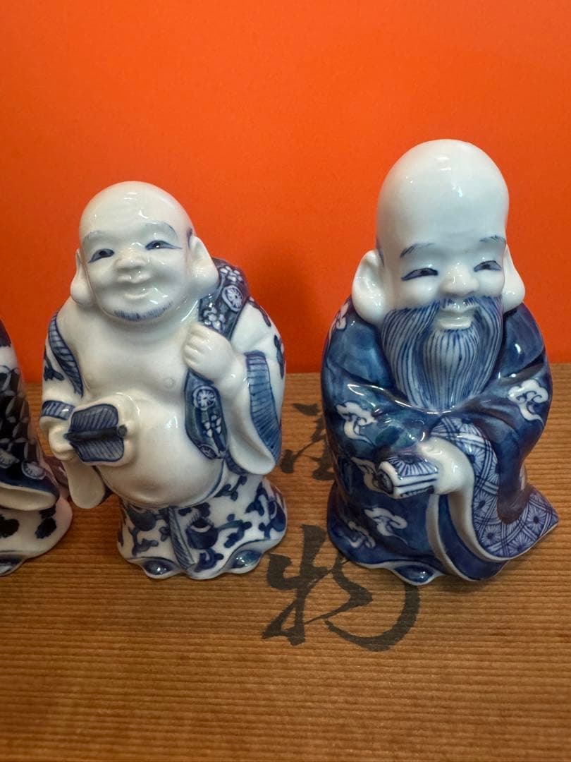 1573  源右衛門 染付七福神 置物 青  共箱 縁起物 オブジェ 飾り物