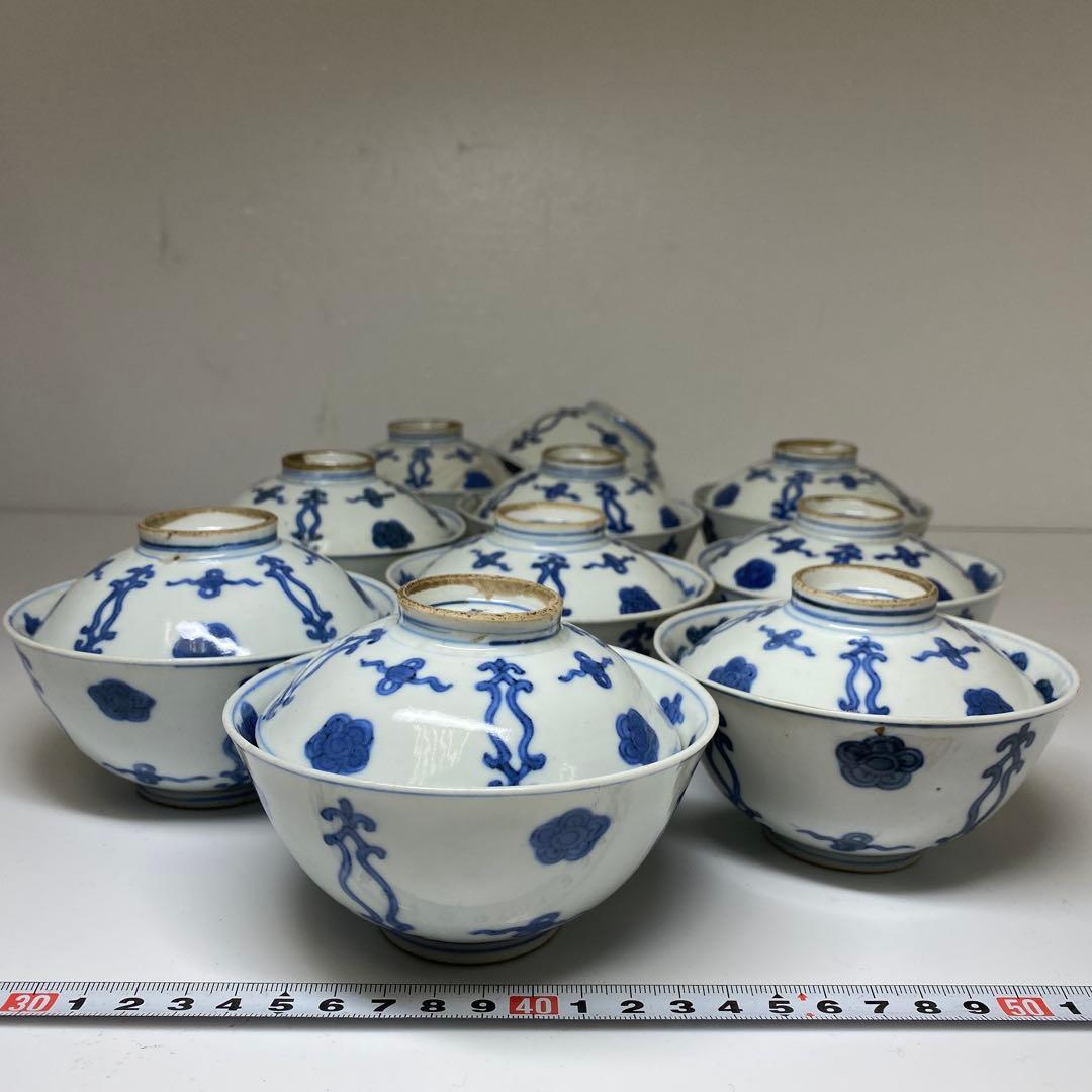 専用中国明末清朝時新渡青花蓋茶碗9客と身1点　木箱　東Y7-0303☆2Fトニカ