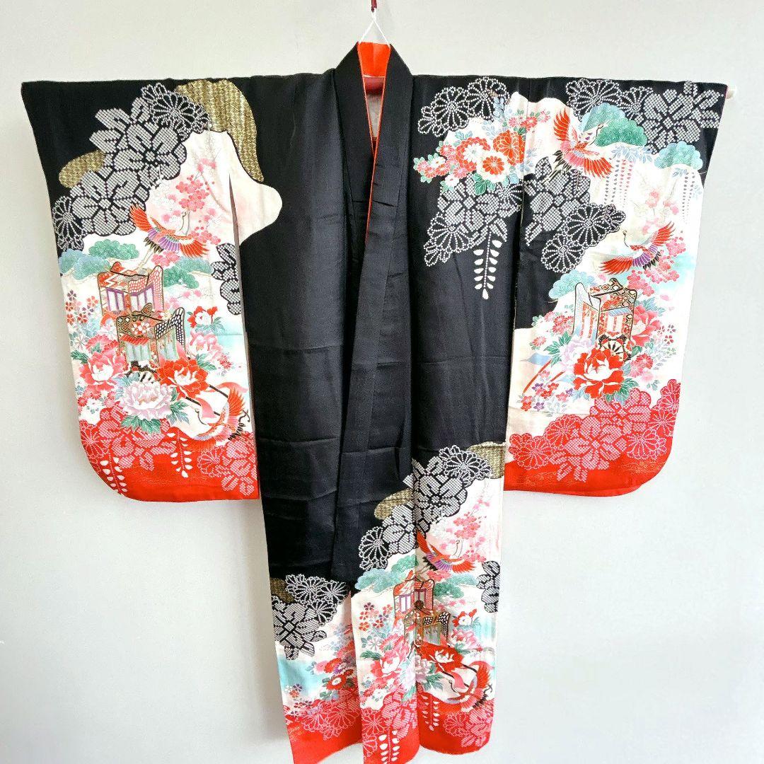 セット　七五三 ７歳女の子 長着＆袖なし長襦袢＆帯＆小物　黒×赤　金糸花御所車鶴